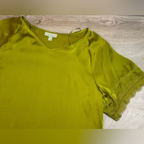 Ryegrass silky soft sheer olive green blouse, slight scallop lace sleeve Size XL - Picture 5 of 9